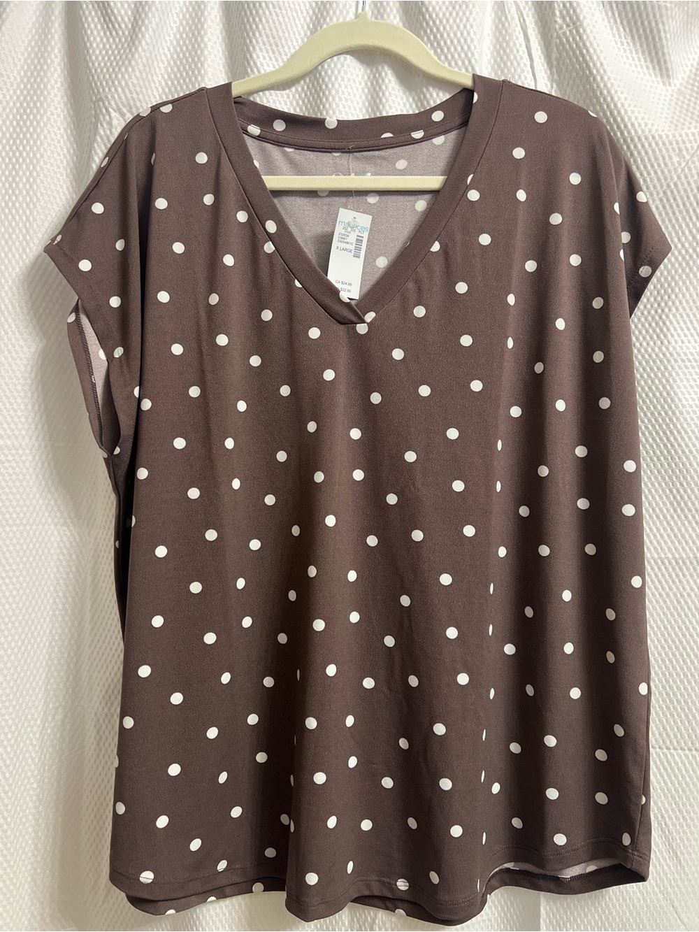 V-Neck Polka Dot Short Sleeve Top - Brown/White